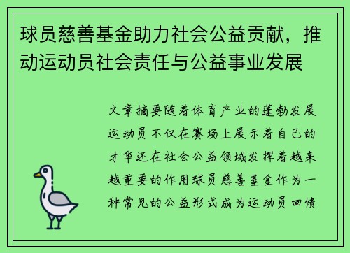球员慈善基金助力社会公益贡献，推动运动员社会责任与公益事业发展